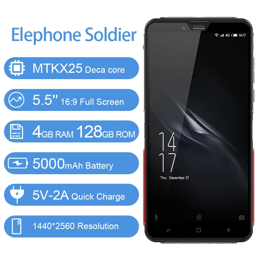 Elephone Soldier 5 ''Android 8 0 смартфон 4 Гб 128 ГБ MTKX25 Deca core 16:9 полноэкранный 5000 мАч