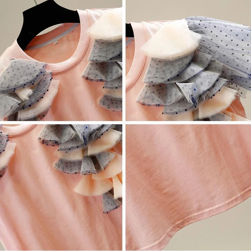 Женская футболка в горошек свободная Милая Сетчатая с круглым вырезом и бантом