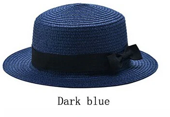 dark blue Модная женская соломенная шляпа с плоским бантом, летняя шляпа от солнца для женщин и девушек, модная пляжная шляпа-федора - Цвет: dark blue