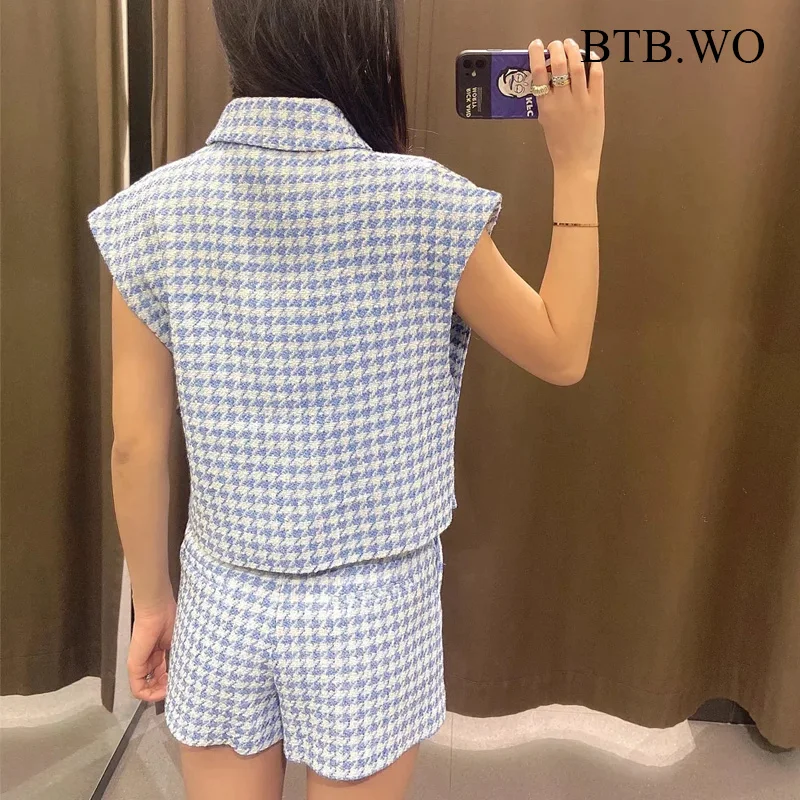 

Za Women 2021 Fashion Tweed Check Tank Tops Sweater Ladies Vintage sleeveless Turndown Collar Female Camis Mujer