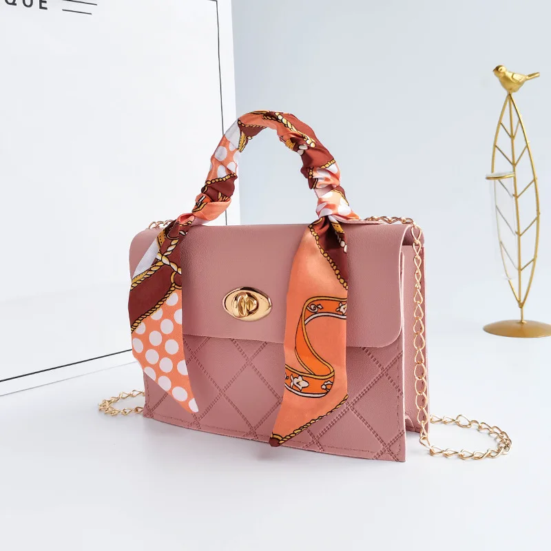 

Fashion Ladies Silk Scarf Handbag Lattice Pattern Messenger bag Chain Detachable Square bag Shoulder Strap Shopping Travel bag