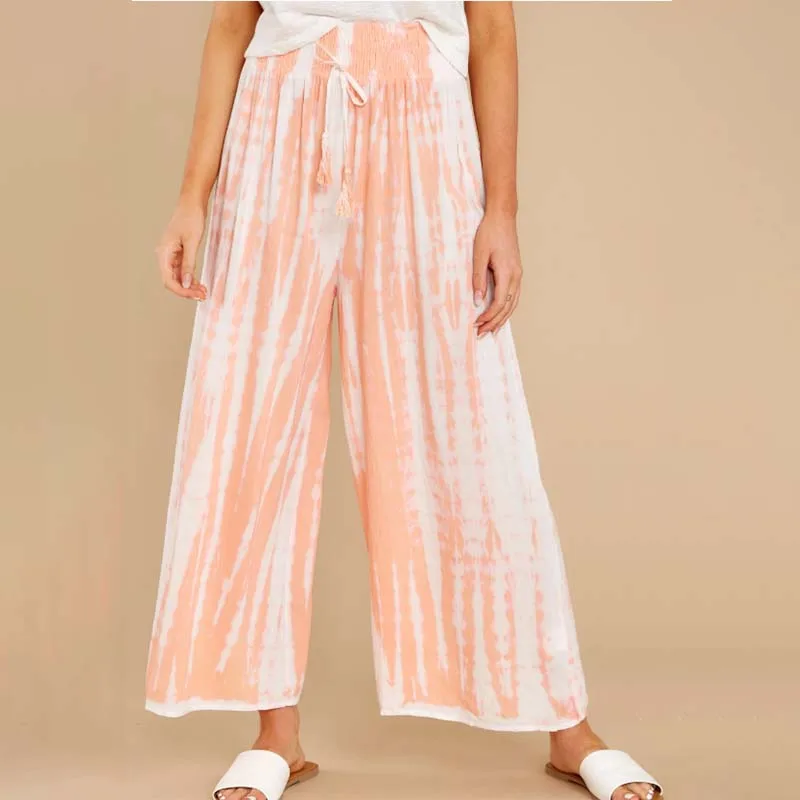 Plus Size Wide Leg Trousers Women Spring/summer 2021 New Tie Dye Mid-waist Drawstring Home Casual Ladies Fashion Flared Pants