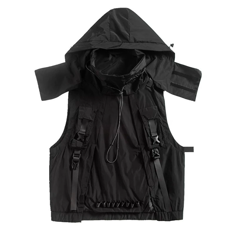 

Techwear Ribbons Hip Hop Men Cargo Vest Jackets Coats Hooded Multi-Pocket Waistcoat Tooling Casual Tactical Utility Outerwear