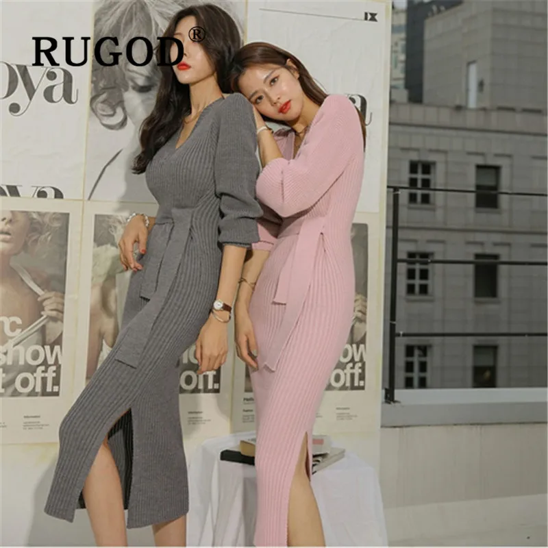 Женское Облегающее вязаное платье RUGOD Офисная туника с разрезом в Корейском