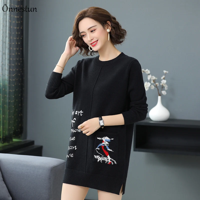 

Knitted Dress Women's Sweater Casual Autumn Pullovers Mini Dress Pull Femme Casual Jumper Lovely Print Sweater Women