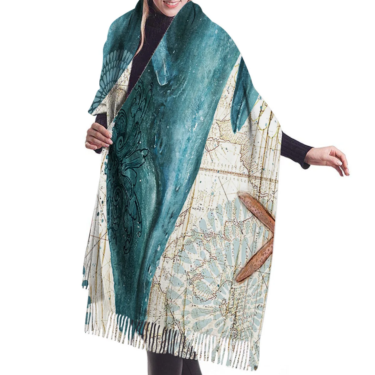 Женский зимний шарф китовый океанский пейзаж кашемировый Мужская шаль женское