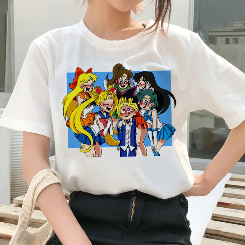 

Harajuku Women T-shirt Sailor Moon print ladies T-shirt casual basis O-collar white shirt short sleeve ladies T-shirt,Drop Ship
