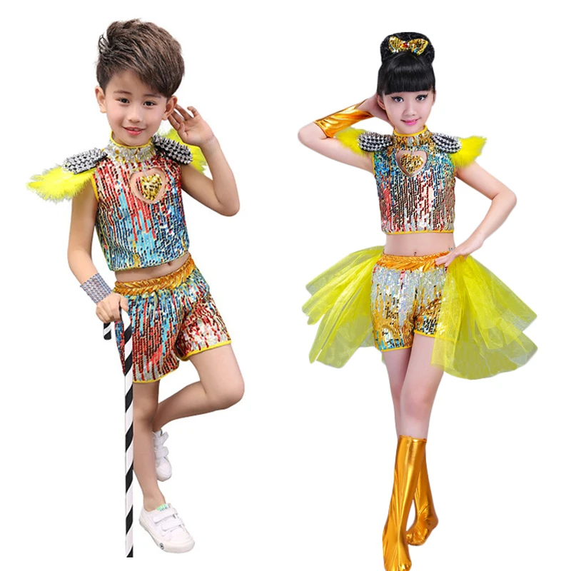 

Детский танцевальный костюм с блестками, костюм для современных джазовых танцев, костюм для выступлений в стиле хип-хоп для девочек и мальчиков, одежда для уличных танцев с блестками