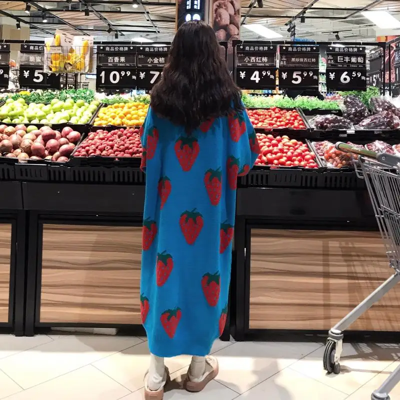 Kawaii розовый свитер длинный участок большого размера клубничный пуловер свитер зима женская корейская версия трикотажа осень теплая новая одежда