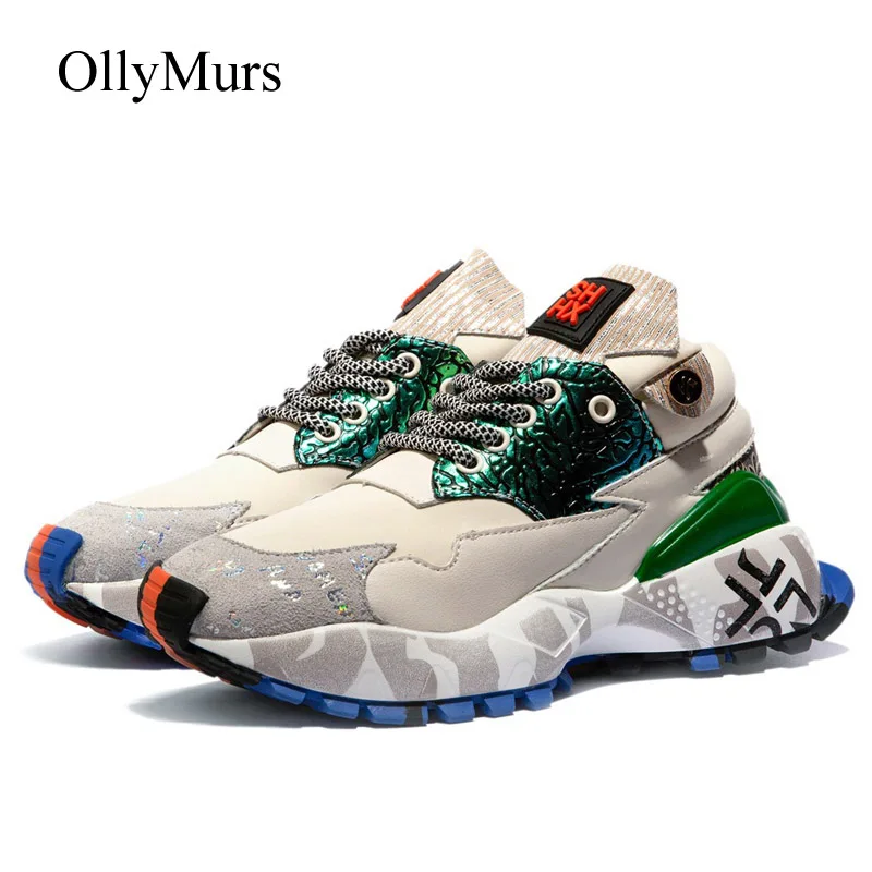 Girls Real Leather Shoes Women Platform Sneakers Black zapatos de mujer Lady Chunky footware Patchwork Female Trainers Dad | Обувь