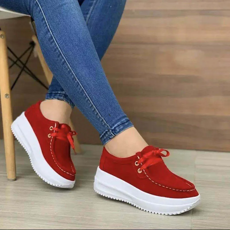 

2021 Vulcanized Shoes Fashion New Comfortable Women's Flock Ladies Sewing Flat Platform Lace-Up Casual Female Shoes Plus Size