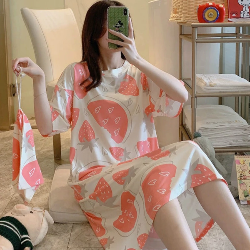 

Nightgowns Women Sleepshirts Short Sleeve Summer 2XL Cartoon Printed Loose Kawaii Korean Style Homewear Womens Sleepwear Casual