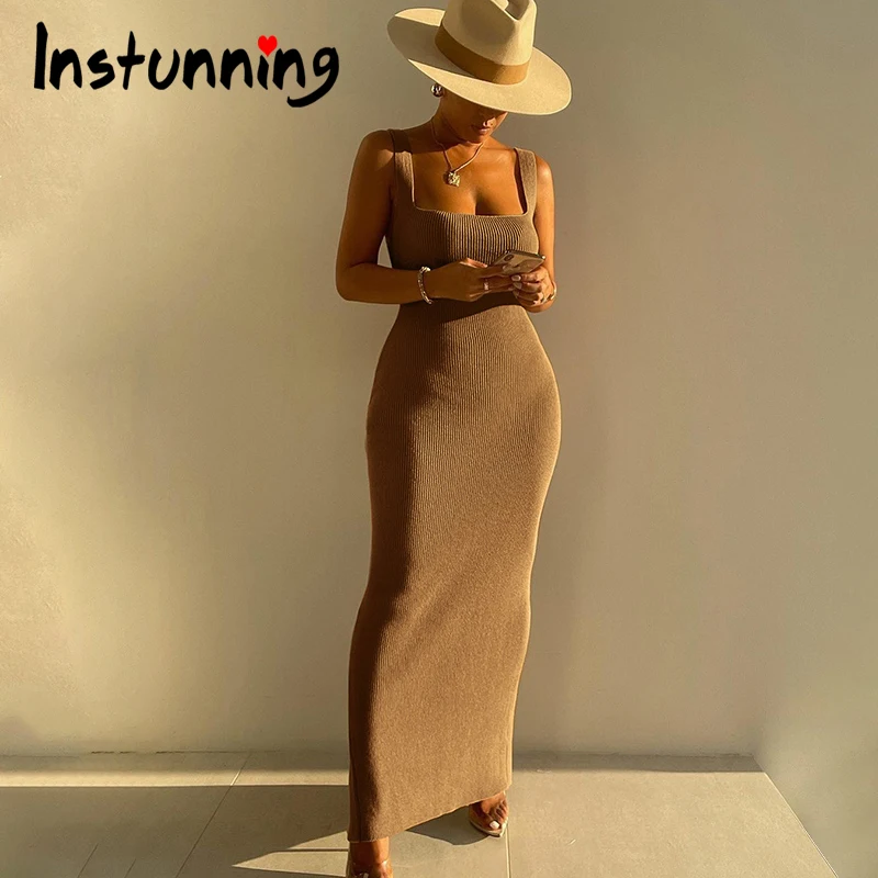 

Женское трикотажное платье Instunning, облегающее однотонное Повседневное платье до щиколотки