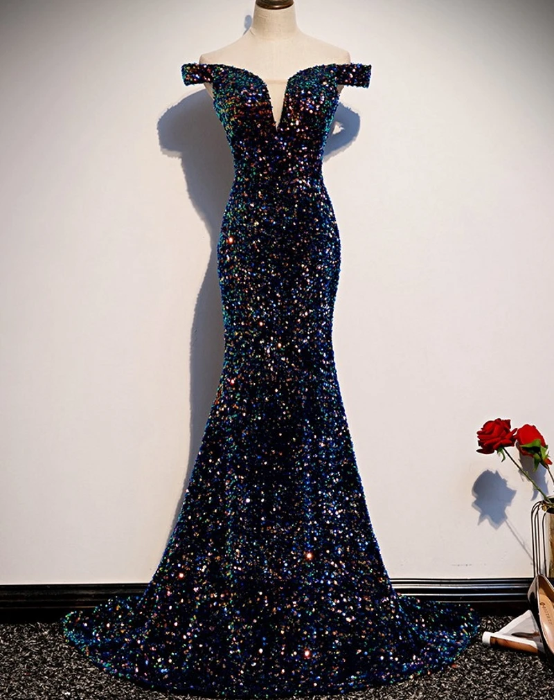 2021 Лидер продаж из ткани украшенные блестками в Русалка Темно-синие v-образный