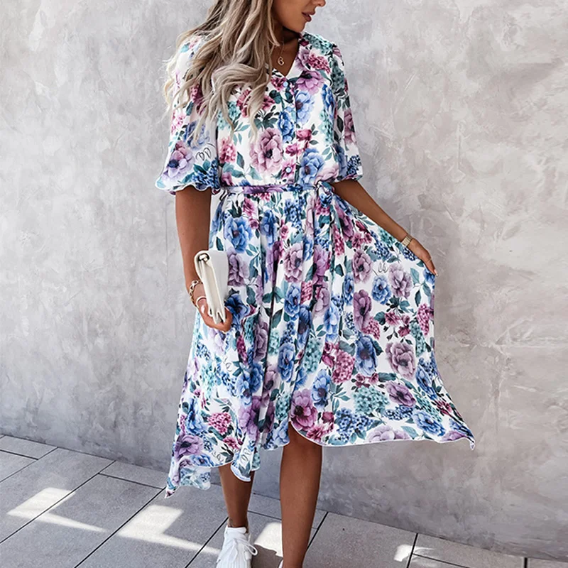 

Summer Short-sleeved Floral Chiffon Dress Elegant V-neck Mid-length Dress Womens Fashion Irregular Slim Party Dress -40