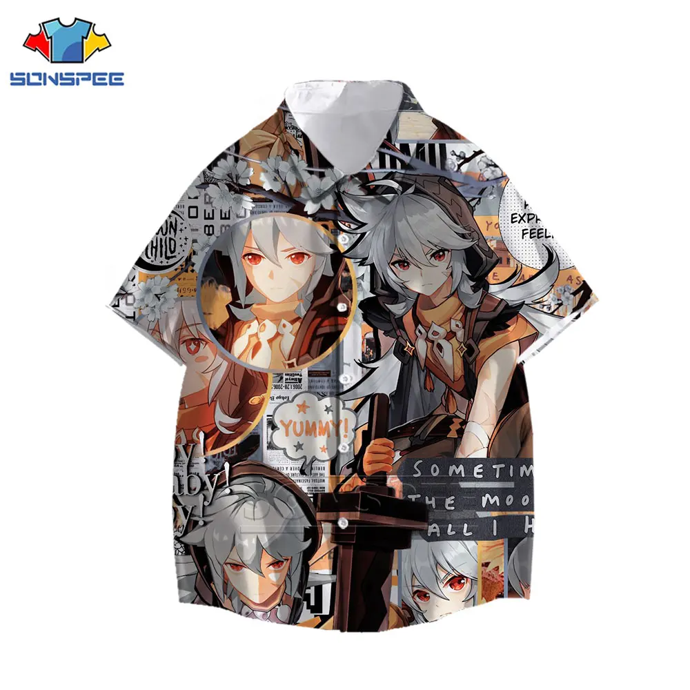 Kawaii Two-dimensional Anime Girl Boy Shirt 3D Print Genshin Impact Game Shirt Casual Ocean Beach Oversized Hawaiian Shirts Tops