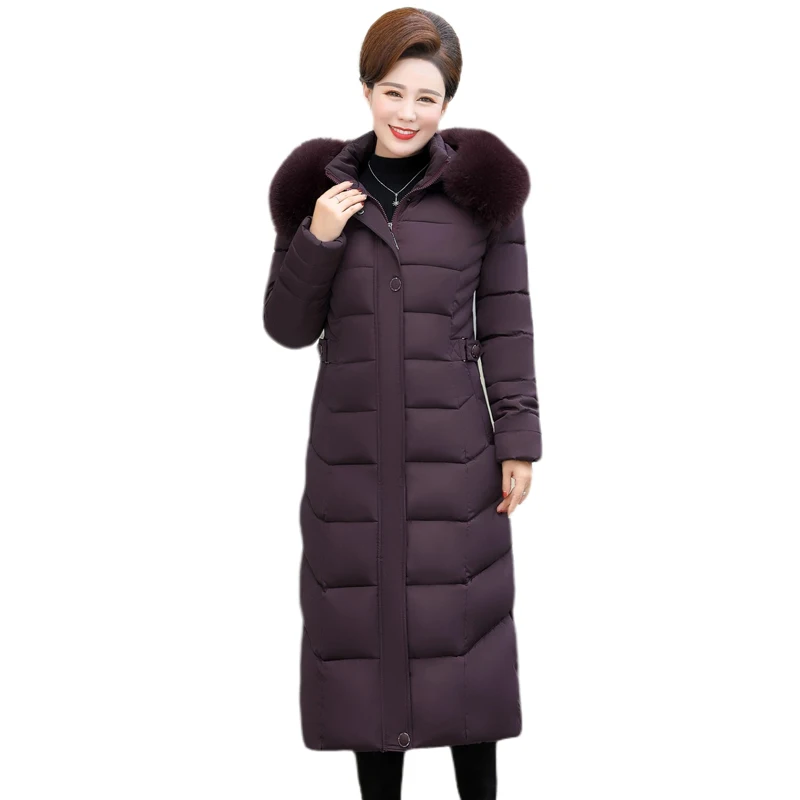 Женский длинный пуховик с капюшоном Зимняя парка большого размера меховым