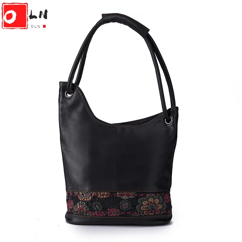 

OLN Vintage Women Embossed Flower Tote Bag Luxury Genuine Leather Ladies Shoulder Bags Female Retro Design Shopper Handbag