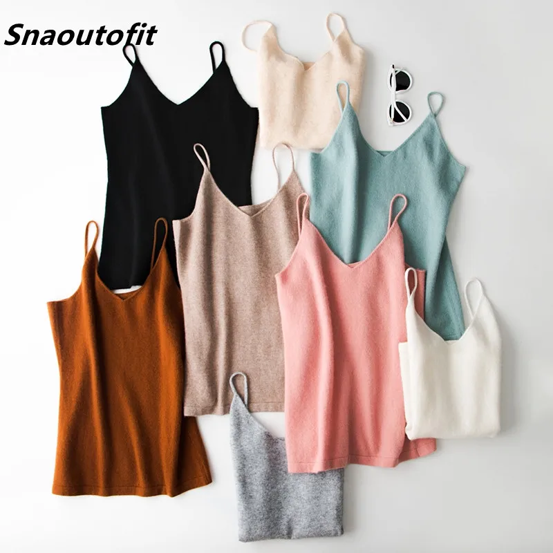 

21 Spring New All-Match Fashion Temperament Women's V-Neck Wool Sling Solid Color Western Style Self-Cultivation Bottoming Shirt