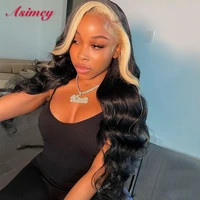 asimey ombre highlight 613 blonde black colored transparent lace frontal body wave wig human hair wavy 180 preplucked for women