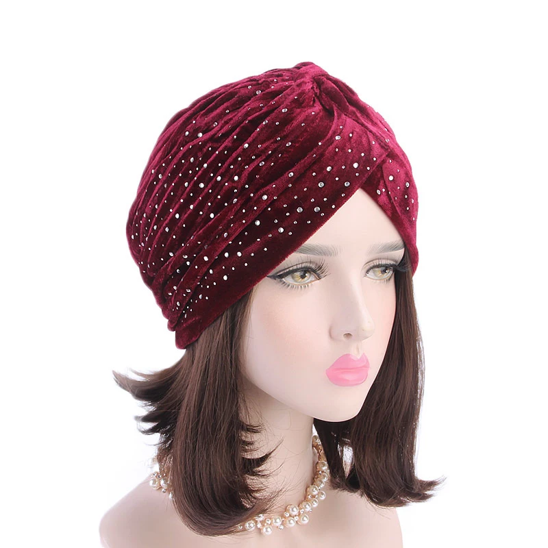 

Women Rhinestone Velvet Turban Elastic Twist Headband Bandanas Ladies Muslim Headwear Hijab Hair Accessories Corduroy Hats Caps
