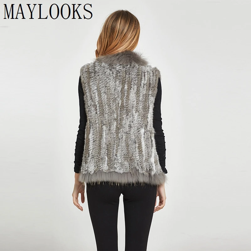 

2018 Maylooks Women Genuine Natural Real Rabbit Fur Knitted Vests /waistcoat/ Gilet /coats With Tassels Raccoon Downswing Cs95