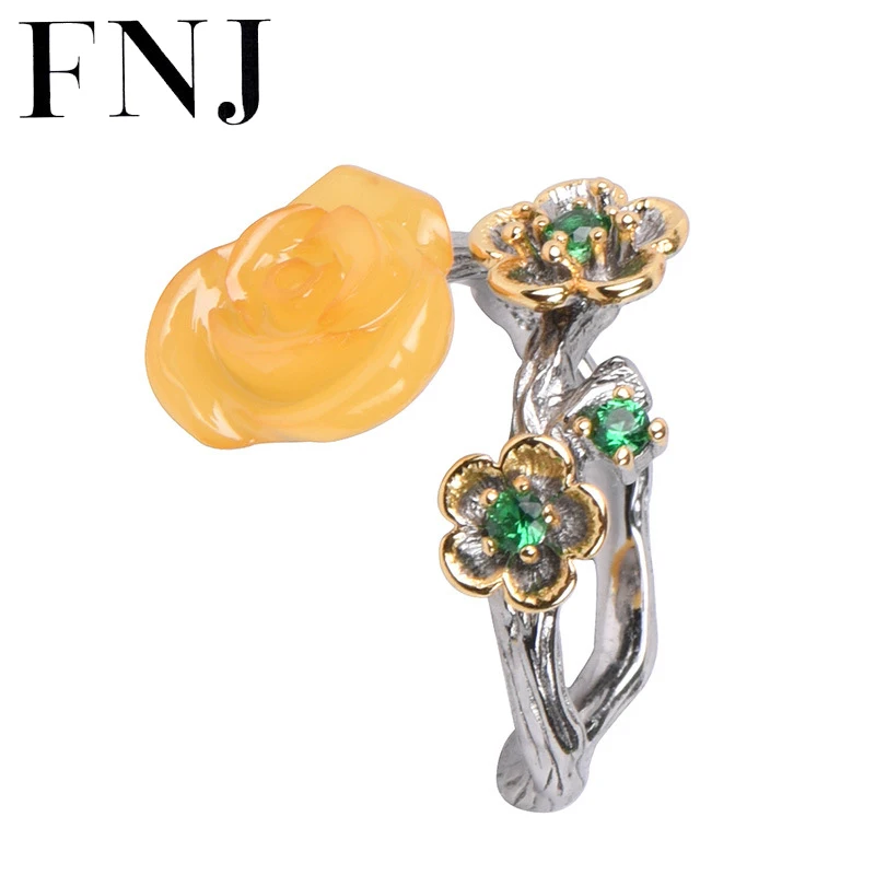 

FNJ Amber Flower Ring 925 Silver Original S925 Sterling Silver Rings for Women Jewelry Adjustable size Romantic Zircon