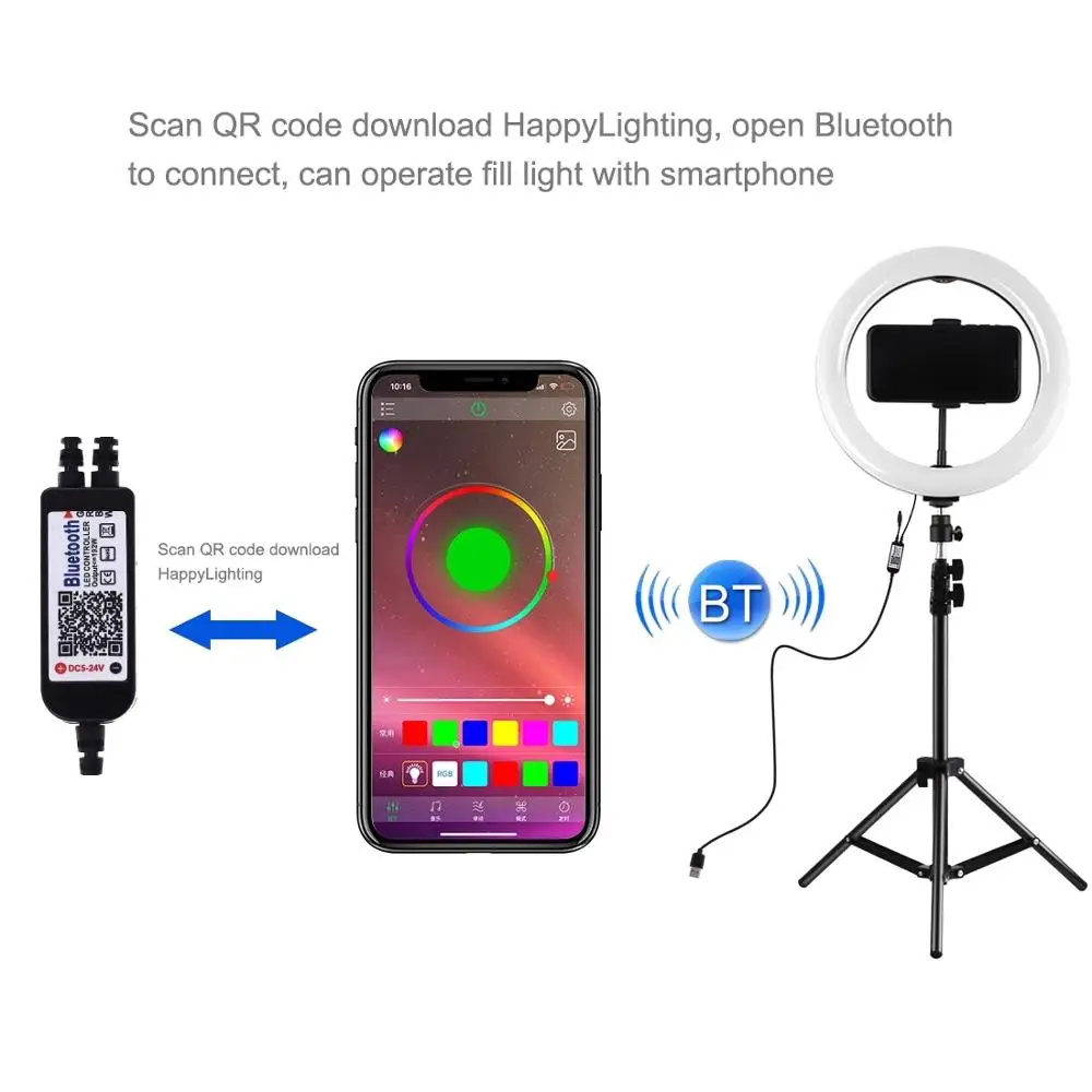Светодиодный кольцевой светильник PULUZ PKT3051B 10 2 дюйма RGBW с регулируемой яркостью