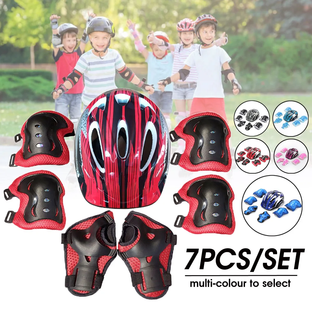 

7pcs/set Roller Skating Protector Set Boys & Girls Skate Cycling Bike Safety Helmet Knee Elbow Pad Set For 5-15 Years Old Kid