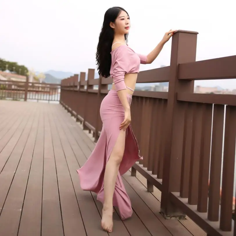 

Belly Dance Practice Suit Bellydance Split Skirt Half Off-Shoulder Sleeve Top Dresses Girls Sexy Costumes Belly Dance Costume