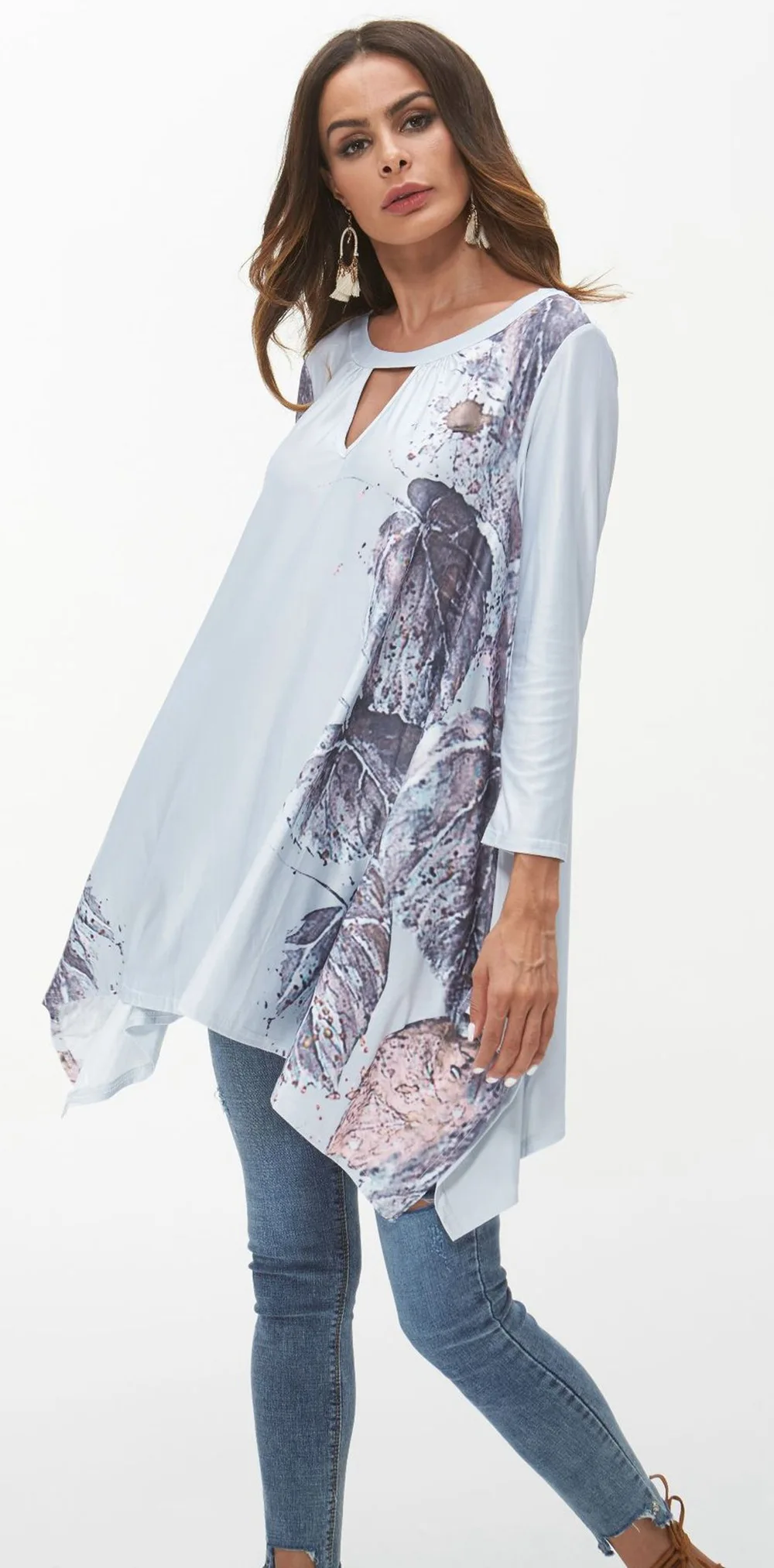 Женская рубашка с длинным рукавом Хенли топы для Леди ниже бедра |