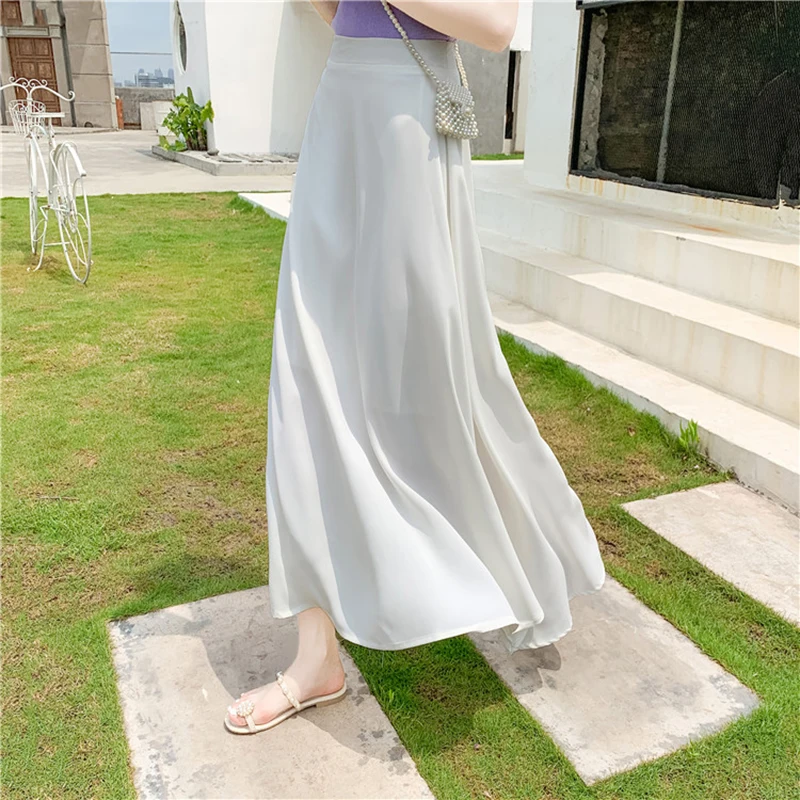 

Solid Summer Chiffon Skirt Women High Waist A-Line Loose Long Maxi Skirts Plus Size Big Swing Zipper Beach Skirt Vintage X080