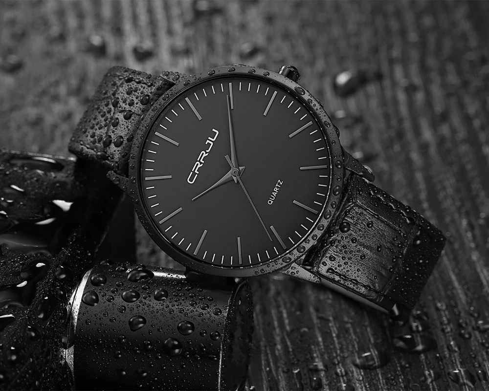 Часы CRRJU мужские кварцевые ультратонкие модные повседневные наручные с кожаным