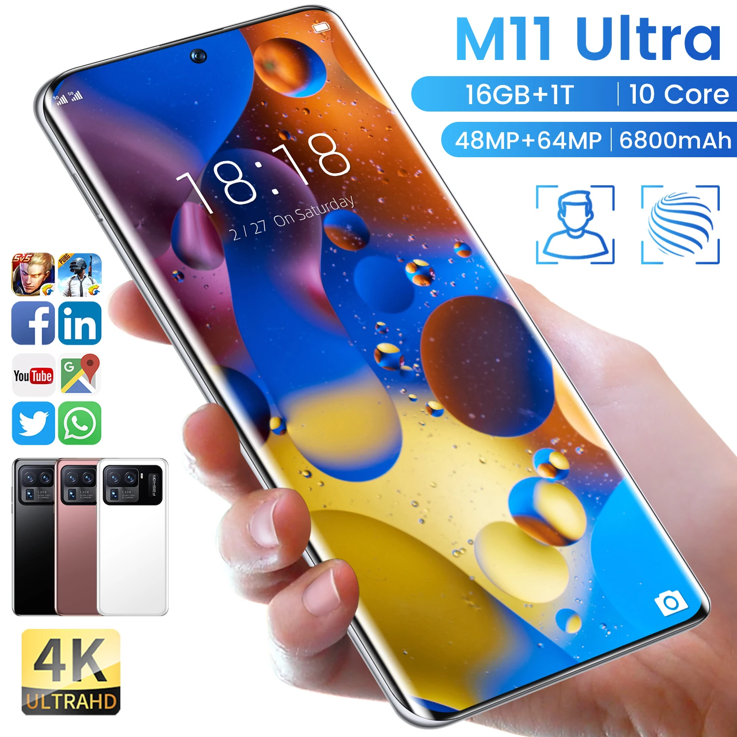 Oro smartphone M11 Ultra 7,3 pulgadas 16GB + 1T 5G Red Huella Digital ID 6800mAh tel&eacute;fono inteligente 48 + 64MP Dual SIM + Micro SD tel&eacute;fonos celulares-1
