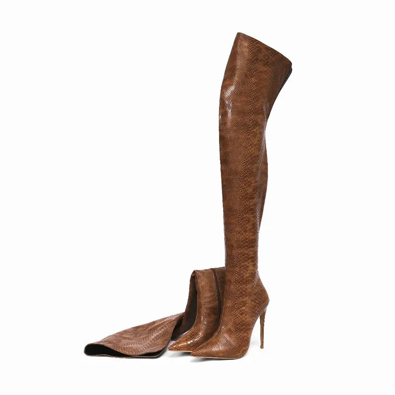 Women Over The Knee High Boots Female Slip On Pointed Toe Long Winter Boots Snakeskin Print Sexy Long Boots