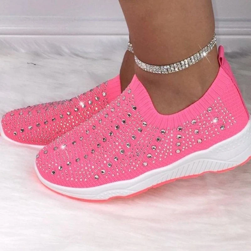 

2020 New Knit Mesh Crystal Sneakers Women Comfortable Breathable Flat Shoes Fashion Slip on Plus Size Casual Shoes Female