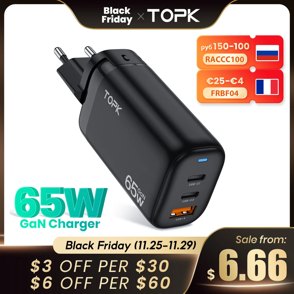 

TOPK B314P 65W USB Phone Charger for iPhone PD Fast Charge GaN Charger Type C Mobile Phone Chargers adapter Quick Charge 4 3.0