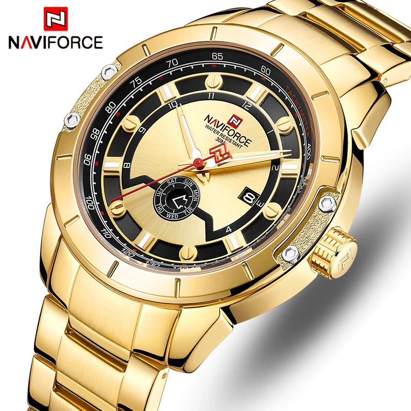 Топ люксовый бренд NAVIFORCE мужские модные золотые мужские наручные часы водонепроницаемые стальные водонепроницаемые кварцевые часы мужские часы