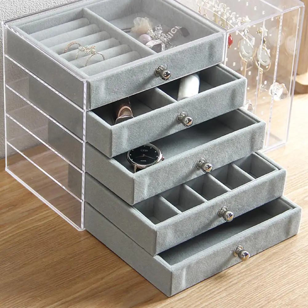 

Acrylic Jewelry Organizer 5 Drawers 2 Earring Hanger Two-in-one, Clear Rings Bracelets Necklaces Box for Women, Girls Gift