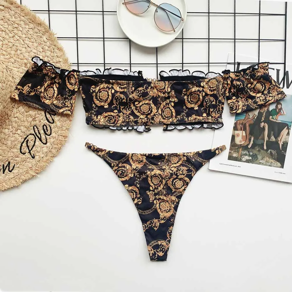 

Sexy Pleated Bandeau Swimsuit Female Off The Shoulder Swimwear Women Chain Thong Bikini Set Bather Swimming Beachwear for Bathin