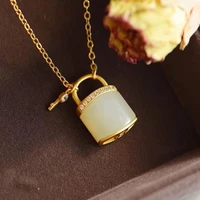 s925 sterling silver inlaid hetian jade small lock chain necklace pendant ancient gold craft silver jewelry lasting color retent