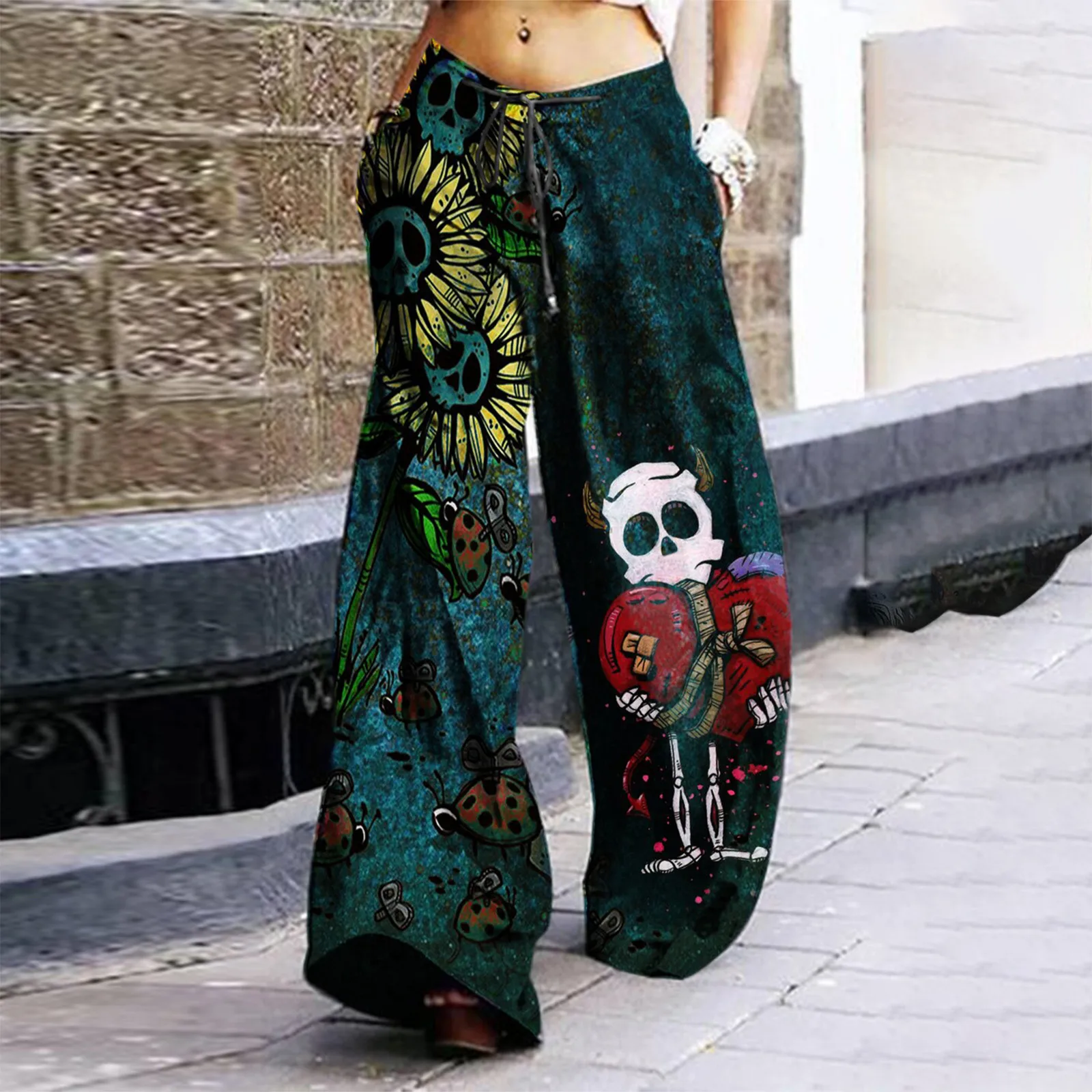 

Dropshipping 2021 Casual Loose Wide Leg Pants Straight Pants Women's Vintage Skull Printing Overalls Trousers