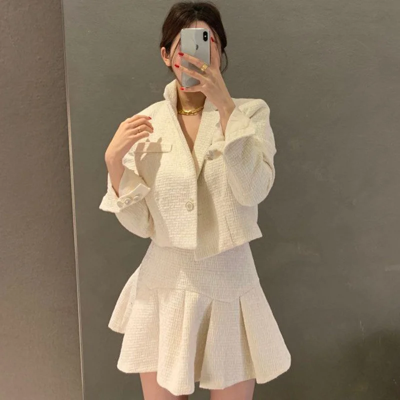 

Женская юбка с высокой талией, элегантная твидовая короткая юбка с отложным воротником и высокой талией, короткая юбка в Корейском стиле на ...