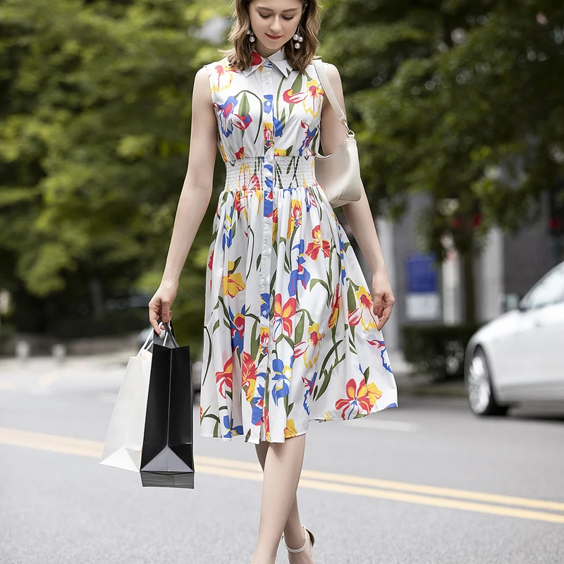 

Floral Print Vintage Party Dress Sexy Sleeveless Button Up Beach Boho Dress Elastic Waist Midi Casual Women Summer Dresses