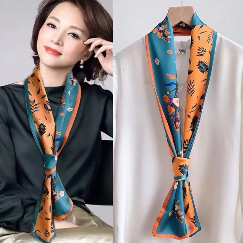

New small scarf women fashion printing double layer tie bag small streamer narrow strip silk scarf Korean gift wholesale