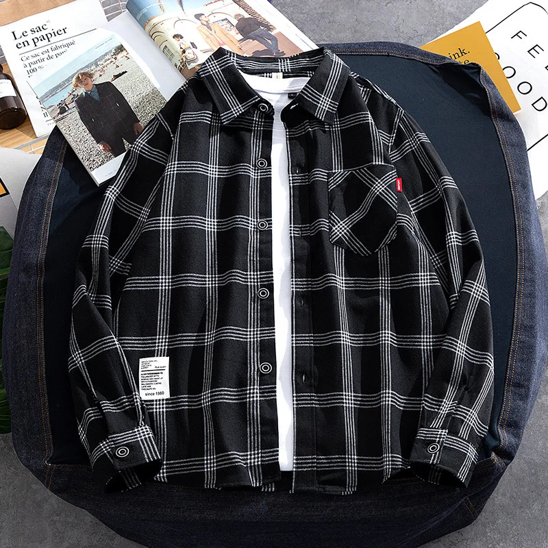 

Plaid Shirt Men's 2021 spring new trend in handsome s Lapel loose long sleeve coat