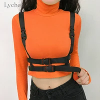 lychee harajuku solid color tape buckle women crop tee turtleneck slim female pullovers crop top sexy spring lady t shirts tees