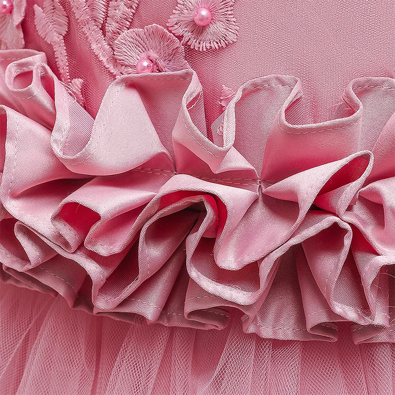 

Flower Girls Dresses Illusion Sleeveless Embroidery Pearls Tulle Lace O-Neck Luxury Floor-Length Kids Party Princess Gown F409