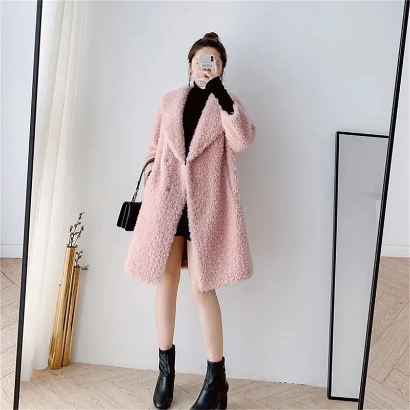 2021 New Ladies Faux Fur Winter Jacket Haining's Thickened Sheep Shearing fur Coat Women's Granular Velvet Lamb Hair Parka Pink