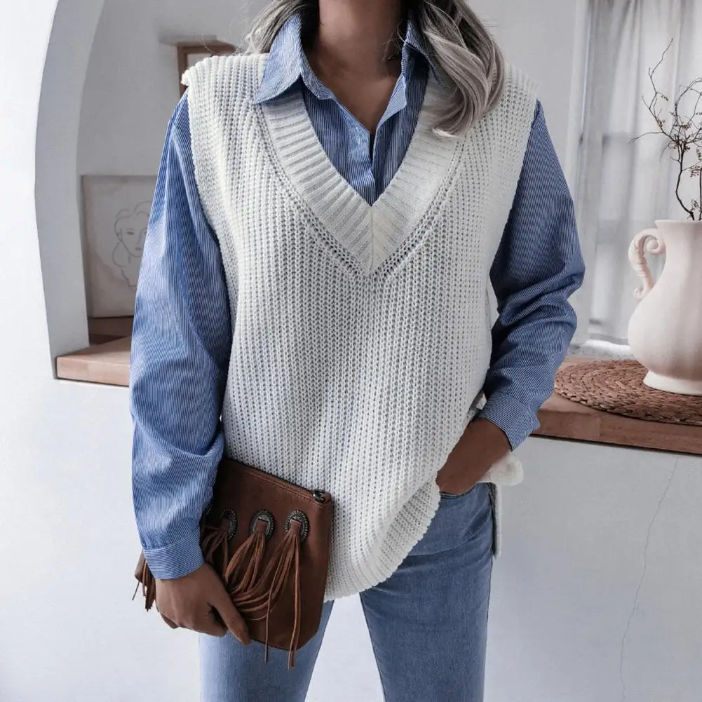 

Sweater Vest Plain Weave V Neck Women Loose Solid Color High Elasticity Knitted Vest for Daily Wear